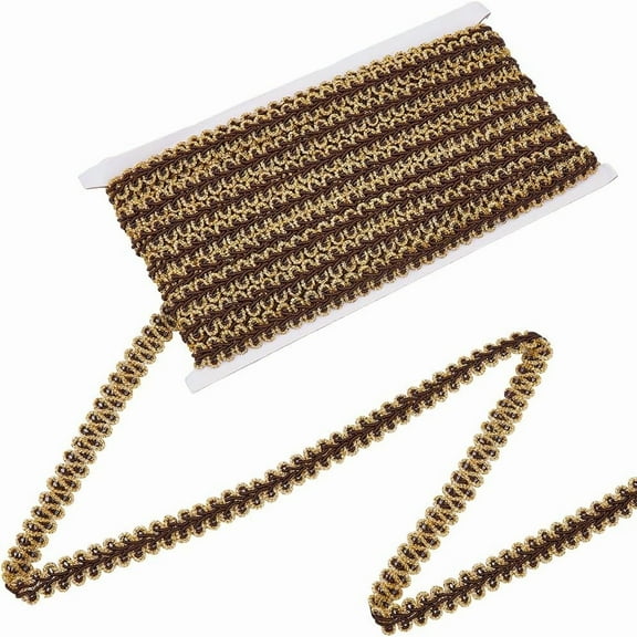 1/2 Inch Brown Gimp Braid Trim Gold Metallic Glitter Woven Lace Trimming Polyester Decorative Upholstery Fabric Ribbon for Sewing Making Curtain Decor Clothes Dress DIY Crafts Pillow