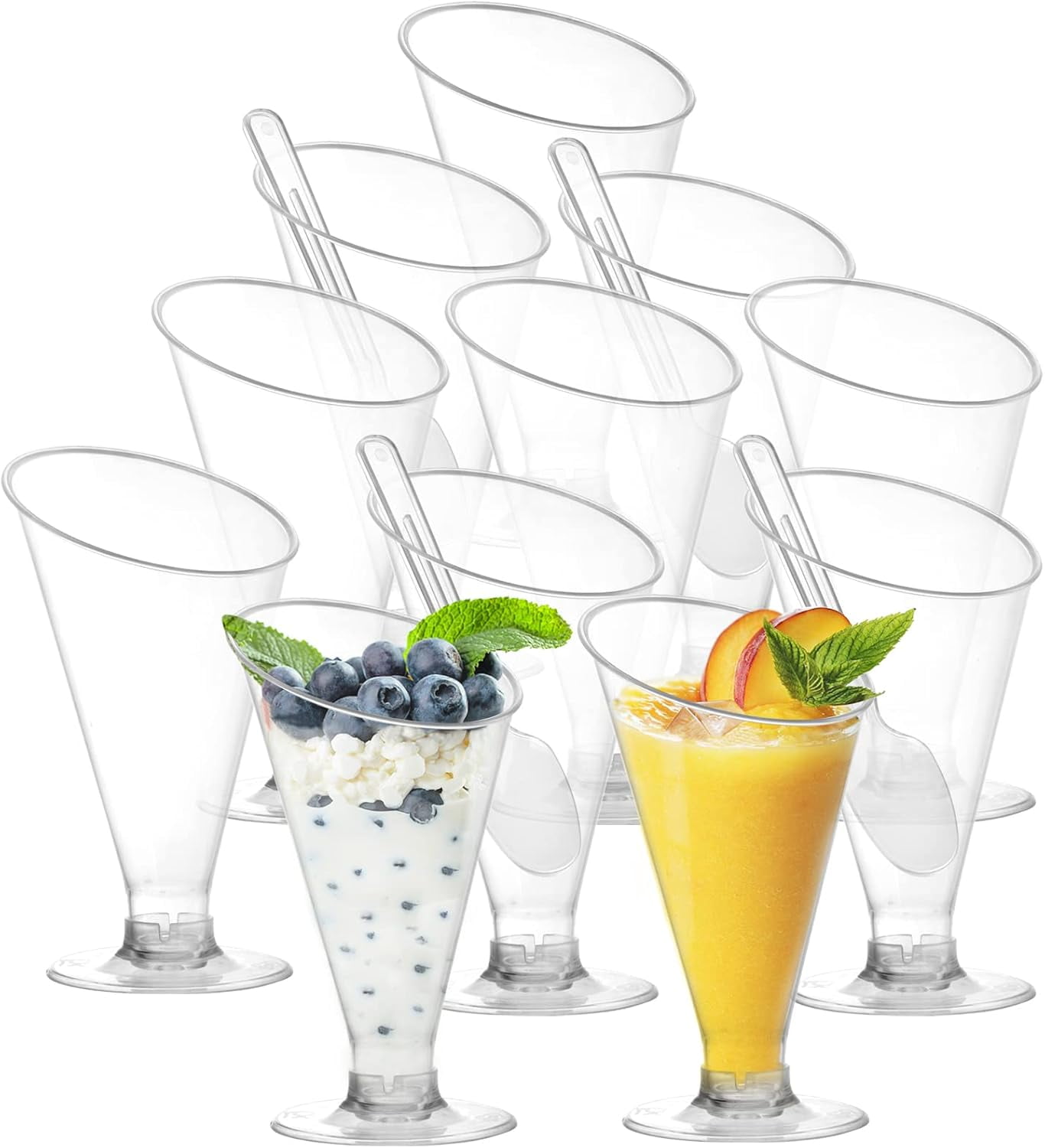 Clear Dessert Cups with Spoons, Disposable Plastic Champagne Flutes Cocktail Glasses, Reusable Parfait Appetizer Cup Mousse Cups for Home Gatherings, Events, Parties, Weddings