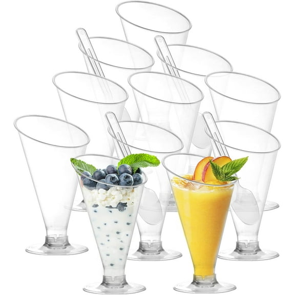 100 Pack Clear Dessert Cups with Spoons, 4 oz Disposable Plastic Champagne Flutes Cocktail Glasses, Reusable Parfait Appetizer Cup Mousse Cups for Home Gatherings, Events, Parties, Weddings