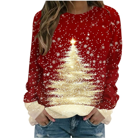 successthop Christmas Sweatshirts Women Light Tree Oversized Crewneck Long Sleeve Sweater Pullover Top Print Clothes Red