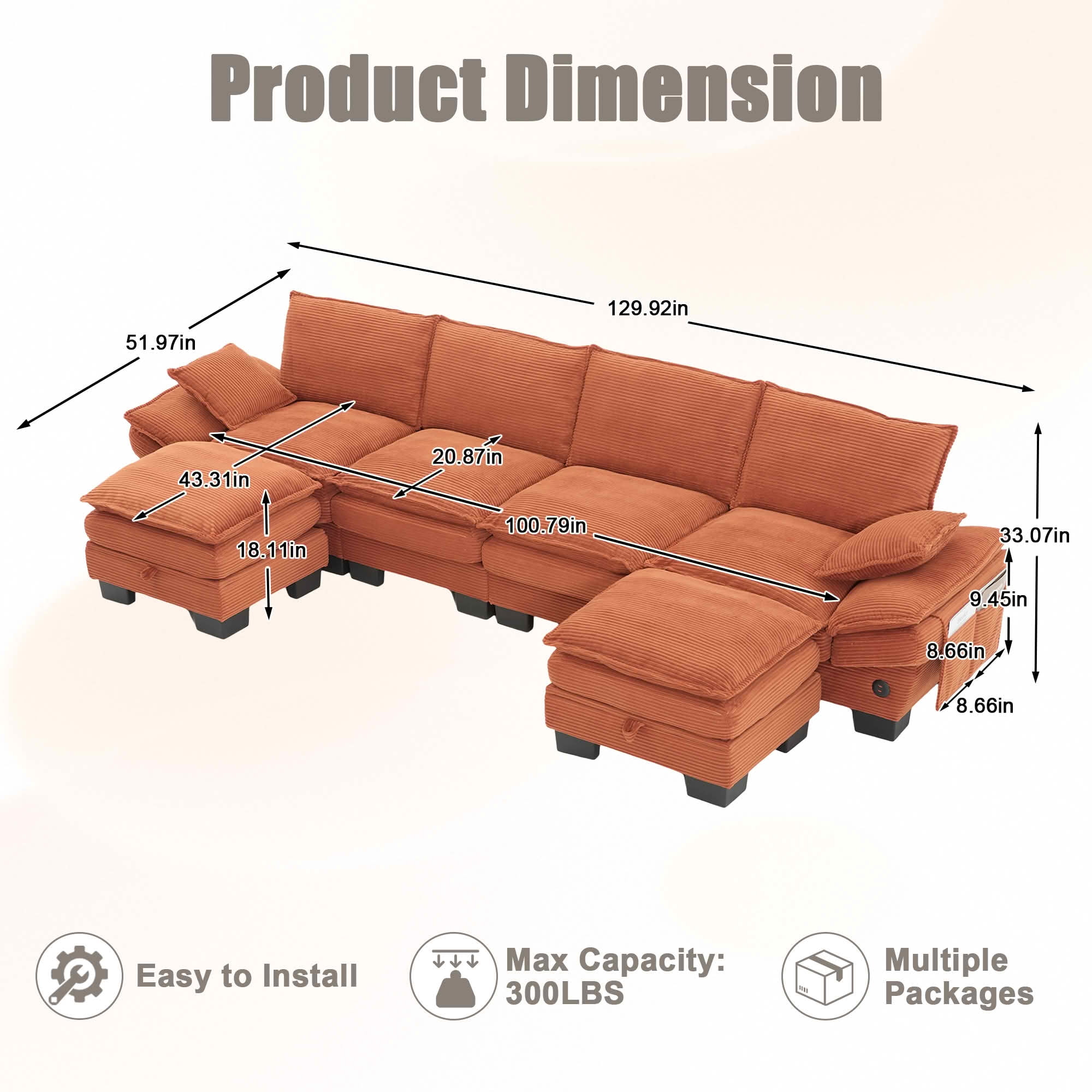 MAYEERTY Multi-Config Cloud Corduroy Modular Sofa, Deep Seat Sectional Couch with Storage Footstool & USB Ports for Small Apartment