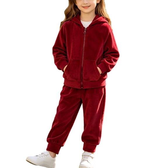BXJX Girls Outfit Sets, 2 PC Zip Up Long Sleeve Warm Hoodies and Joggers Sets with Pockets Red Size 6-7 T