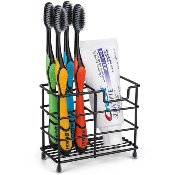 Stainless Steel Toothbrush and Toothpaste Holder, Black Rust Resistant Bathroom Organizer, 4 Slot with Silicone Pads, for Sink, Countertop, Vanity, Minimalist Design