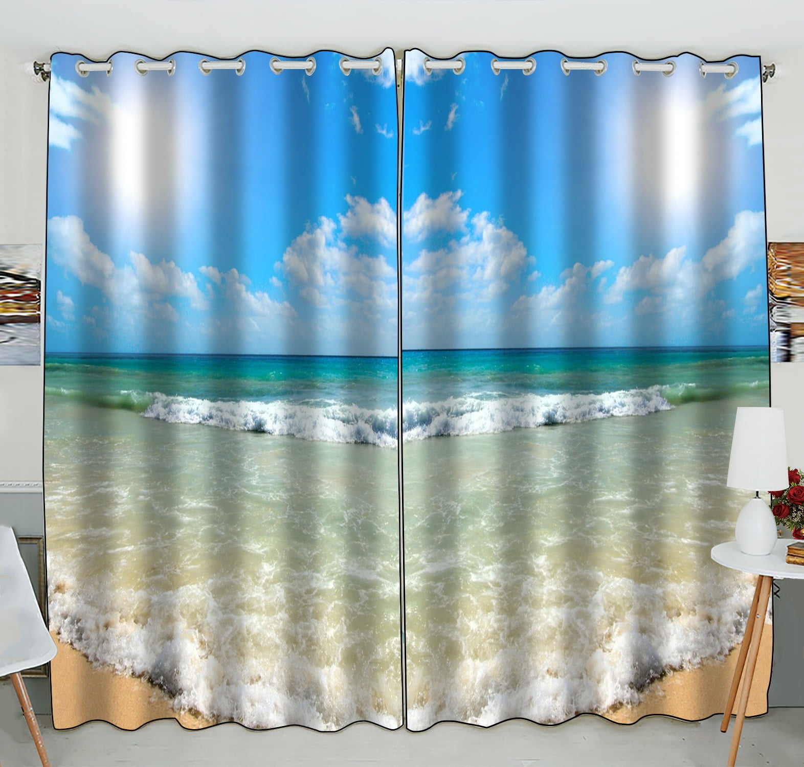 Gckg Beach Window Curtain,Summer Beach Blue Sea Palm Tree Sunshine