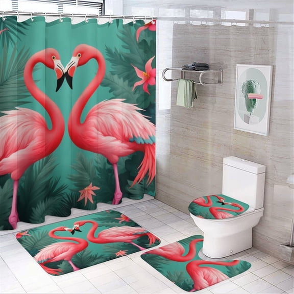 Flamingo Heart Jungle Print Shower Curtain Waterproof Bathroom Curtain Set with Hooks Home Decor Bathroom Curtains 4pcs