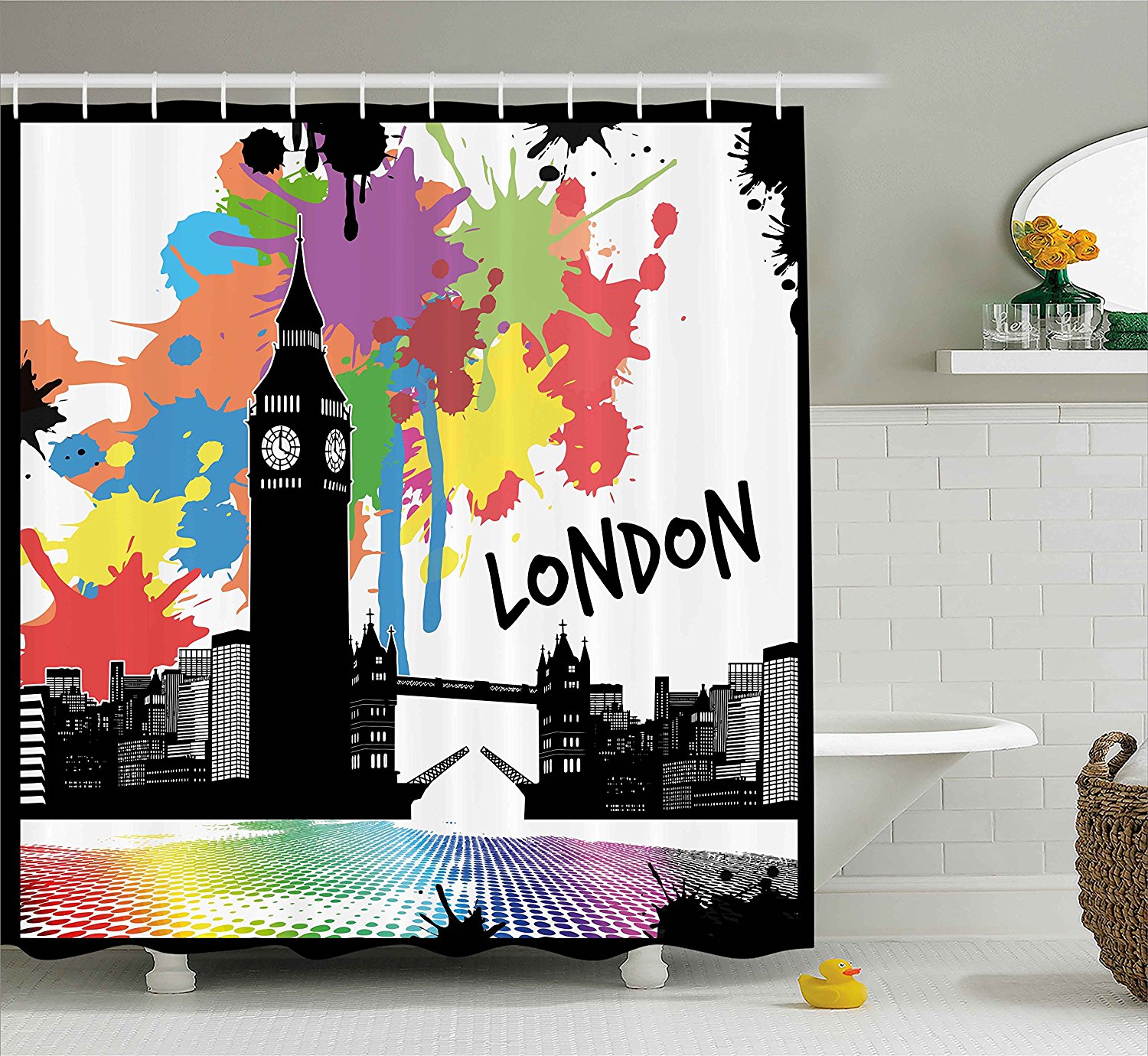 Retro Shower Curtain by , Vintage London City View With Color Splashes