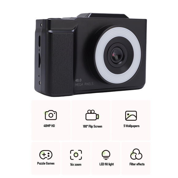 Cámara Digital 16x Con Enfoque Automático, Antivibración, 48MP, 1080P, Zoom 16x, Cámara Con Pantalla Abatible De 2,8 Pulgadas Para Viajes Y Acampadas