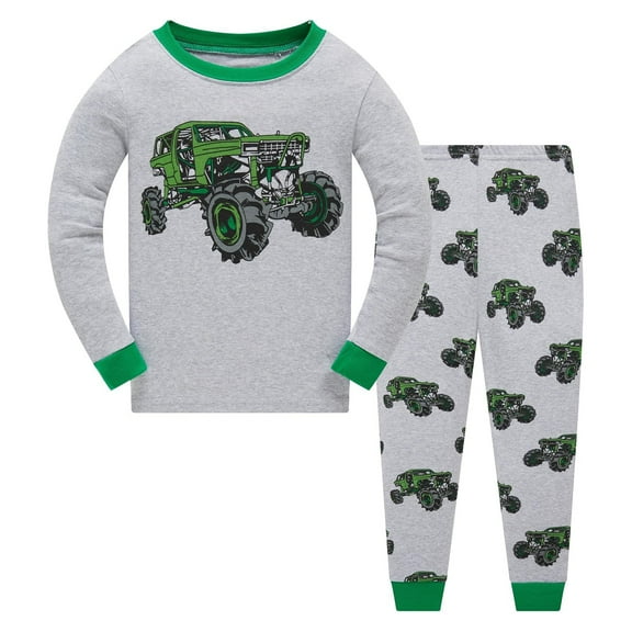 Kiijoy Toddler Boys Outfit Sleepwear Set Truck Print Long Sleeve Cotton, Sizes 3-14
