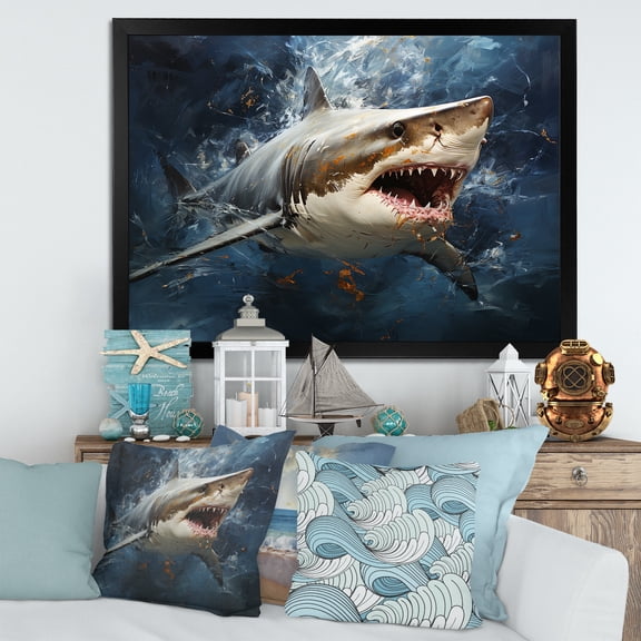 Designart "Underwater Encounter Shark Attack III" Animals Framed Wall Art Decor - Modern Blue Shark Bedroom Framed Canvas Wall Art