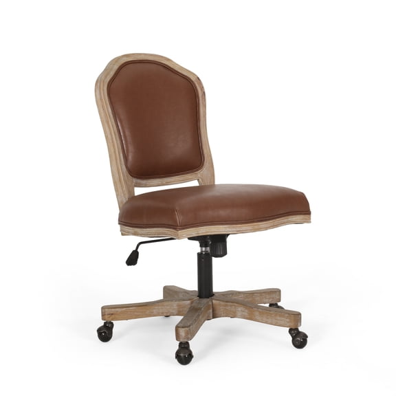 Noble House Tilton Wood Upholstered Swivel Office Chair, Cognac Brown and Natural