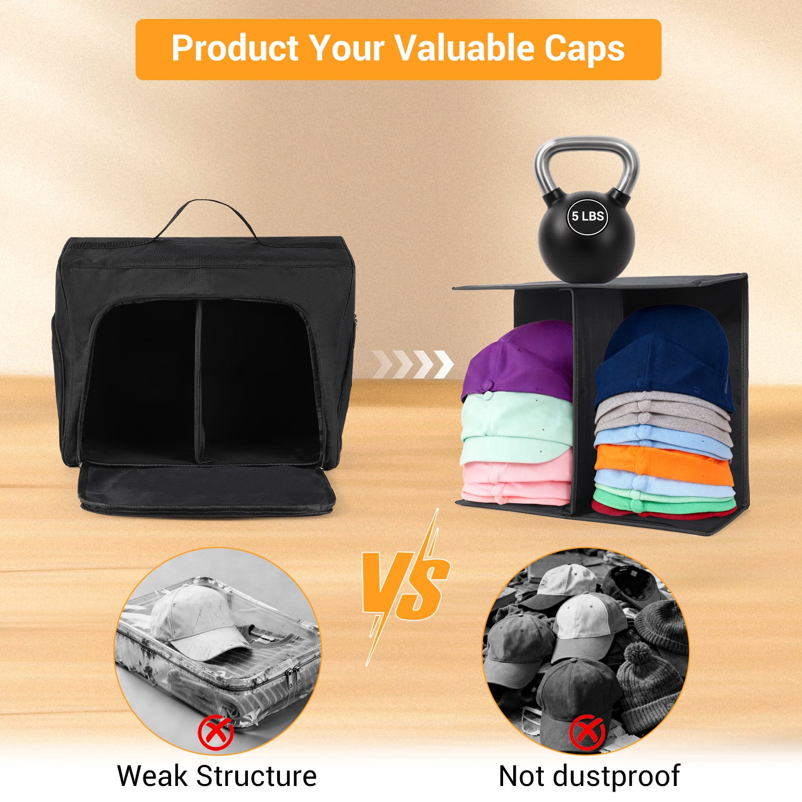 Garvee Baseball Caps Organizer Bag, 17 x 7 x 13.7", 2 Pack, Oxford Fabric Cap Organizer, Black