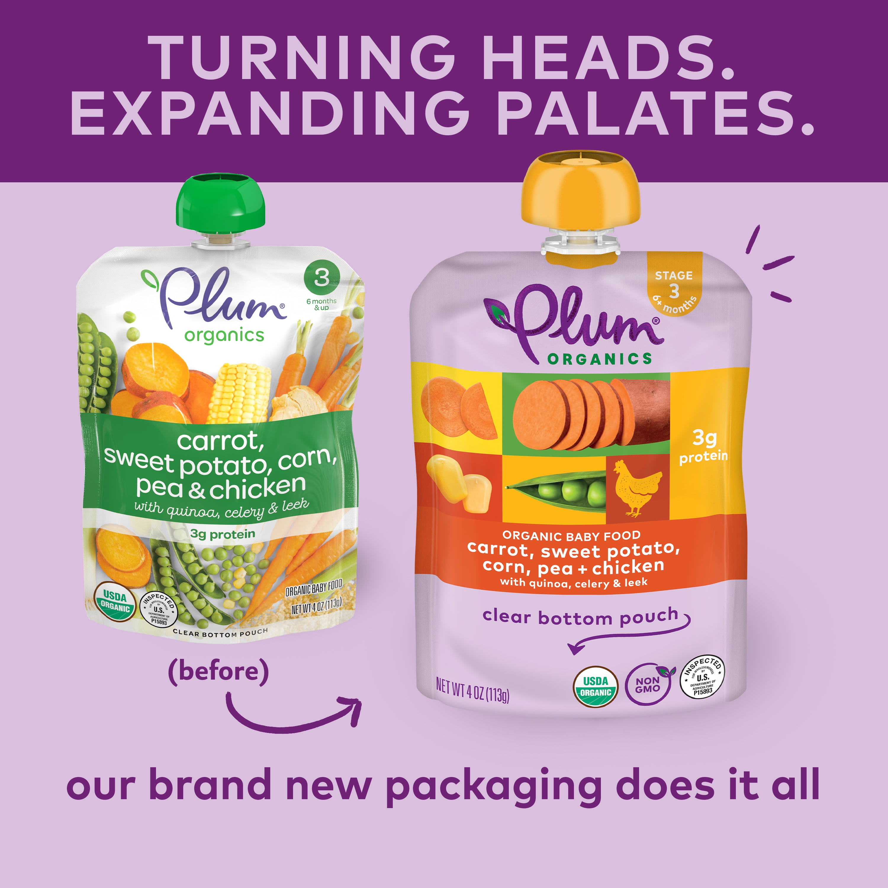 Plum Organics Stage 3 Organic Baby Food Pouch: Carrot, Sweet Potato, Corn, Pea, Chicken - 4 oz, 6 Pack