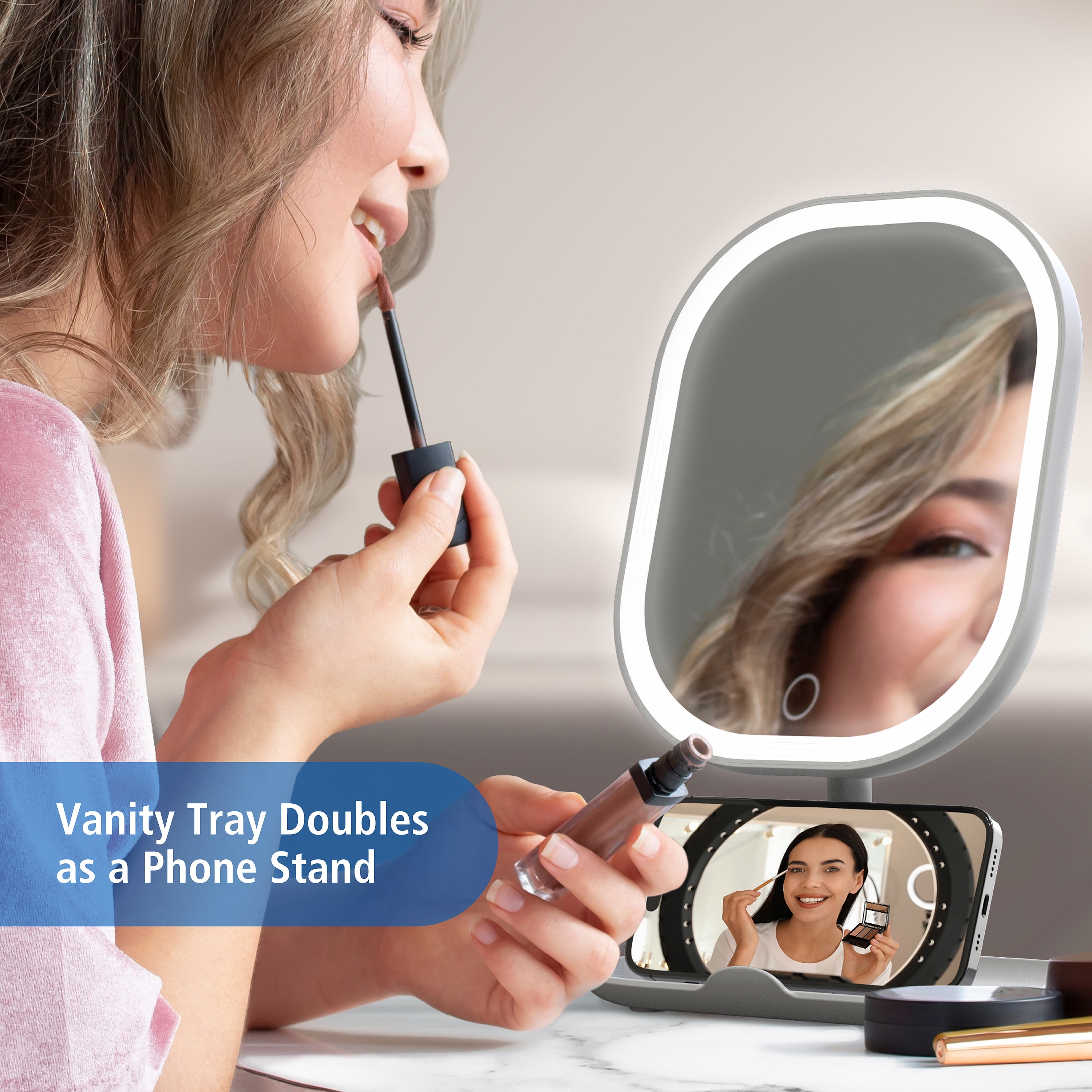 Mainstays Rechargeable LED Vanity Mirror with Storage Tray Base, Silver