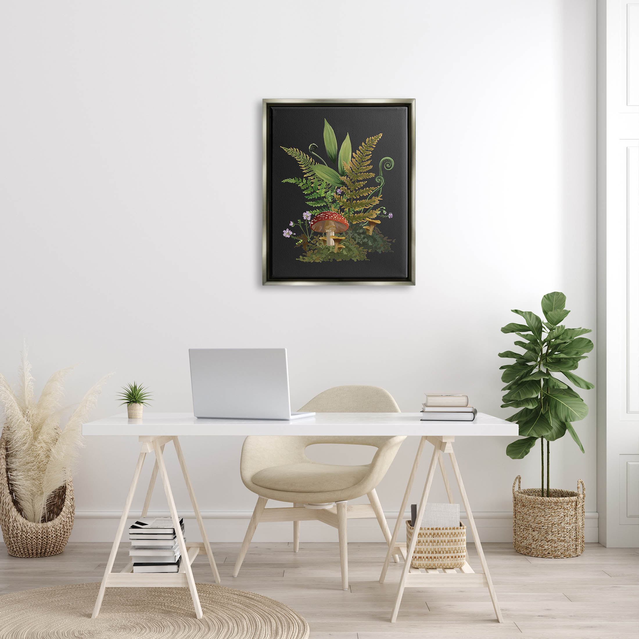 Ferns Sprouting Woodland Mushroom Plants Botanical & Floral Graphic Art Luster Gray Framed Art Print Wall Art