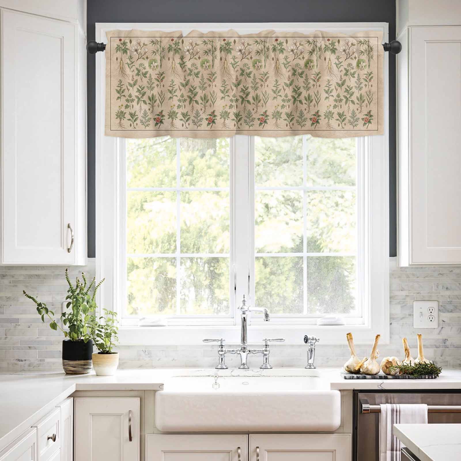 Herbs Kitchen Curtains Valance and Tier Set Retro Green Red Herbs Plant Wildflower Linen Texture Rod Pocket Short Curtains for Small Window 3 Pieces Set for Bedroom Cafe (54" x 18"+27" x 24")