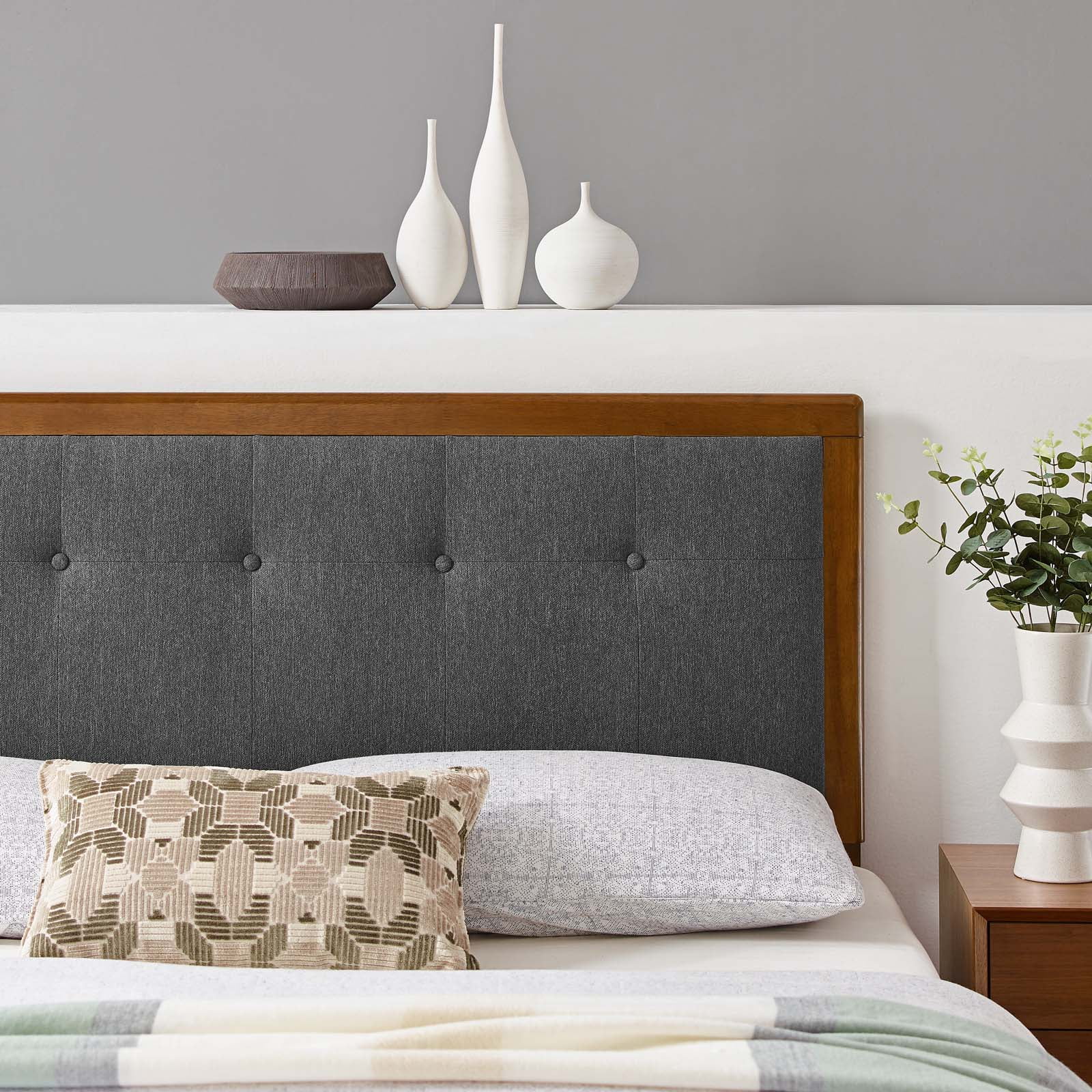 Modway Draper Tufted King Fabric and Wood Headboard in Walnut/Charcoal