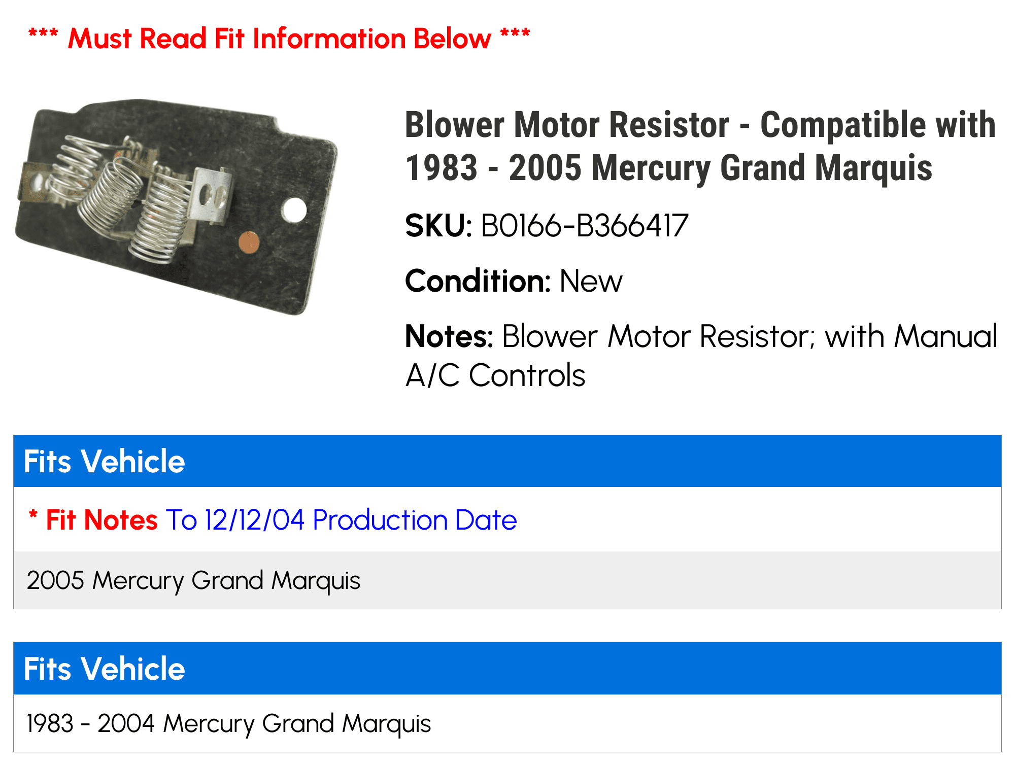 Blower Motor Resistor - Compatible with 1983 - 2005 Mercury Grand Marquis 1984 1985 1986 1987 1988 1989 1990 1991 1992 1993 1994 1995 1996 1997 1998 1999 2000 2001 2002 2003 2004