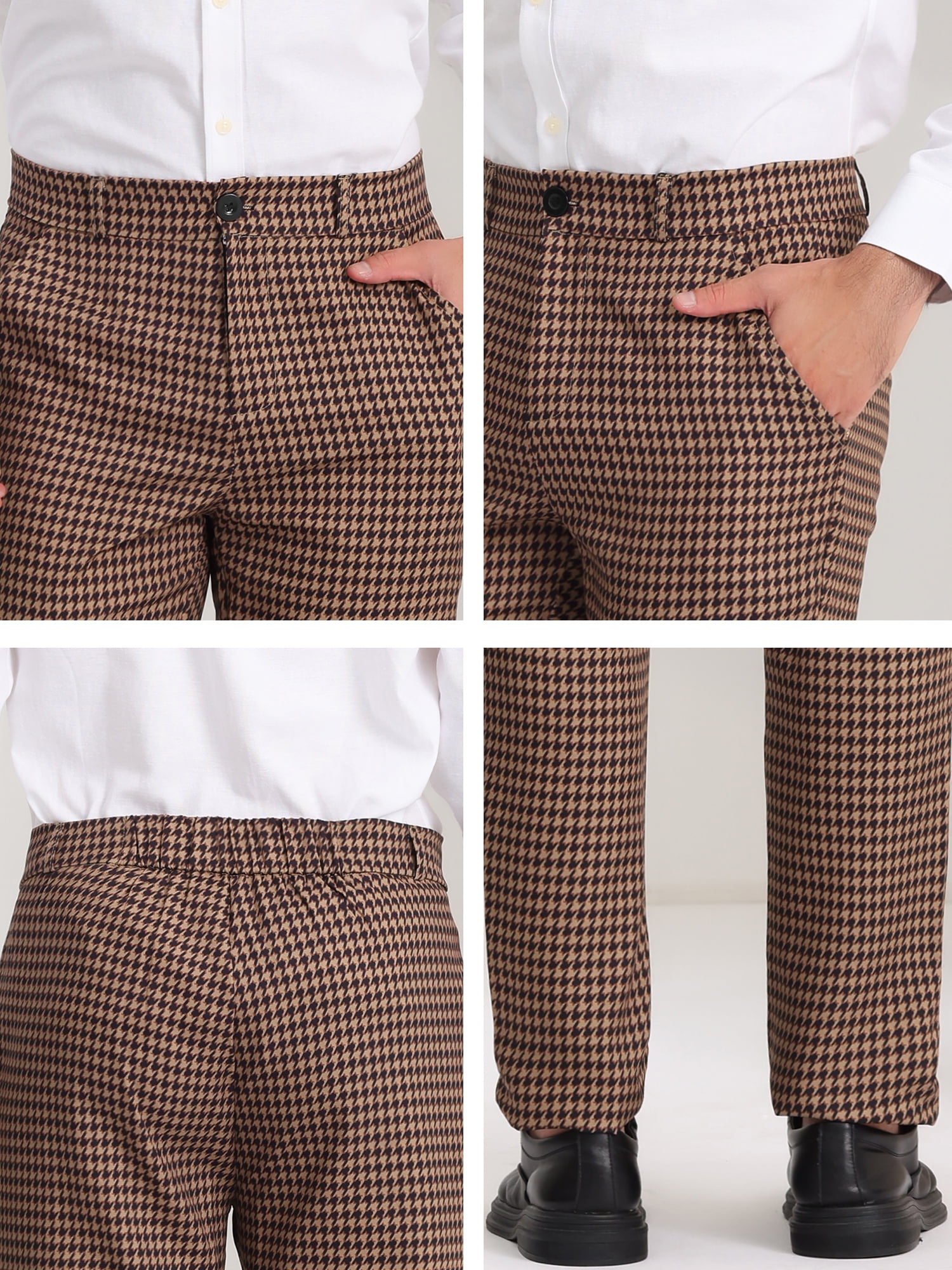 Unique Bargains Men's Geometric Printed Color Block Flat Front Dress Pants 36 Brown