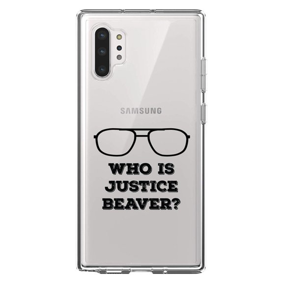DistinctInk Clear Shockproof Hybrid Case for Galaxy Note 10 PLUS (6.8" Screen) - TPU Bumper Acrylic Back Tempered Glass Screen Protector - Who is Justice Beaver - Dwight Glasses