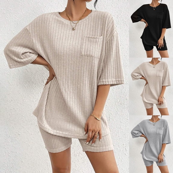 ibiyuan 2 Piece Outfits For Women Women's Ribbed Knit Set Casual Short Sleeve Top and Matching Shorts Comfortable Two Piece Outfit with Pockets