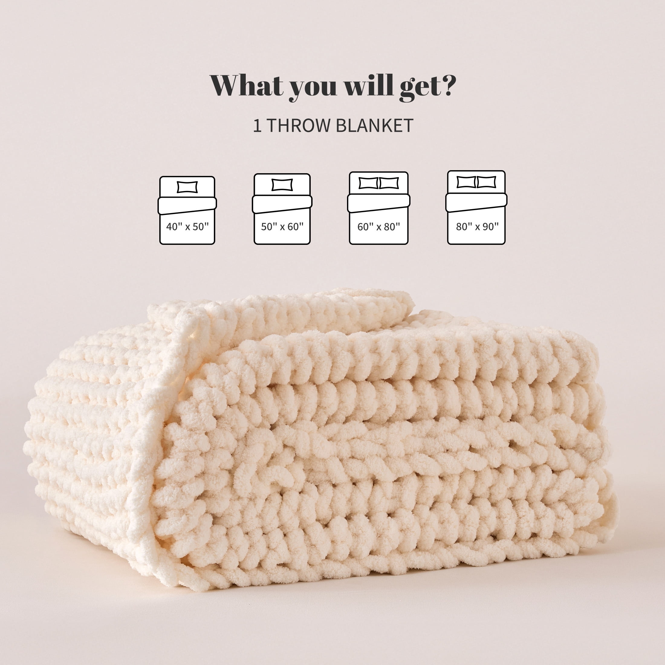 Sonive Ivory Throw Blanket, Chunky Velvet Knit Warm Soft Handmade Circular Throw Blankets for Couch Bed Sofa, 80" × 90"