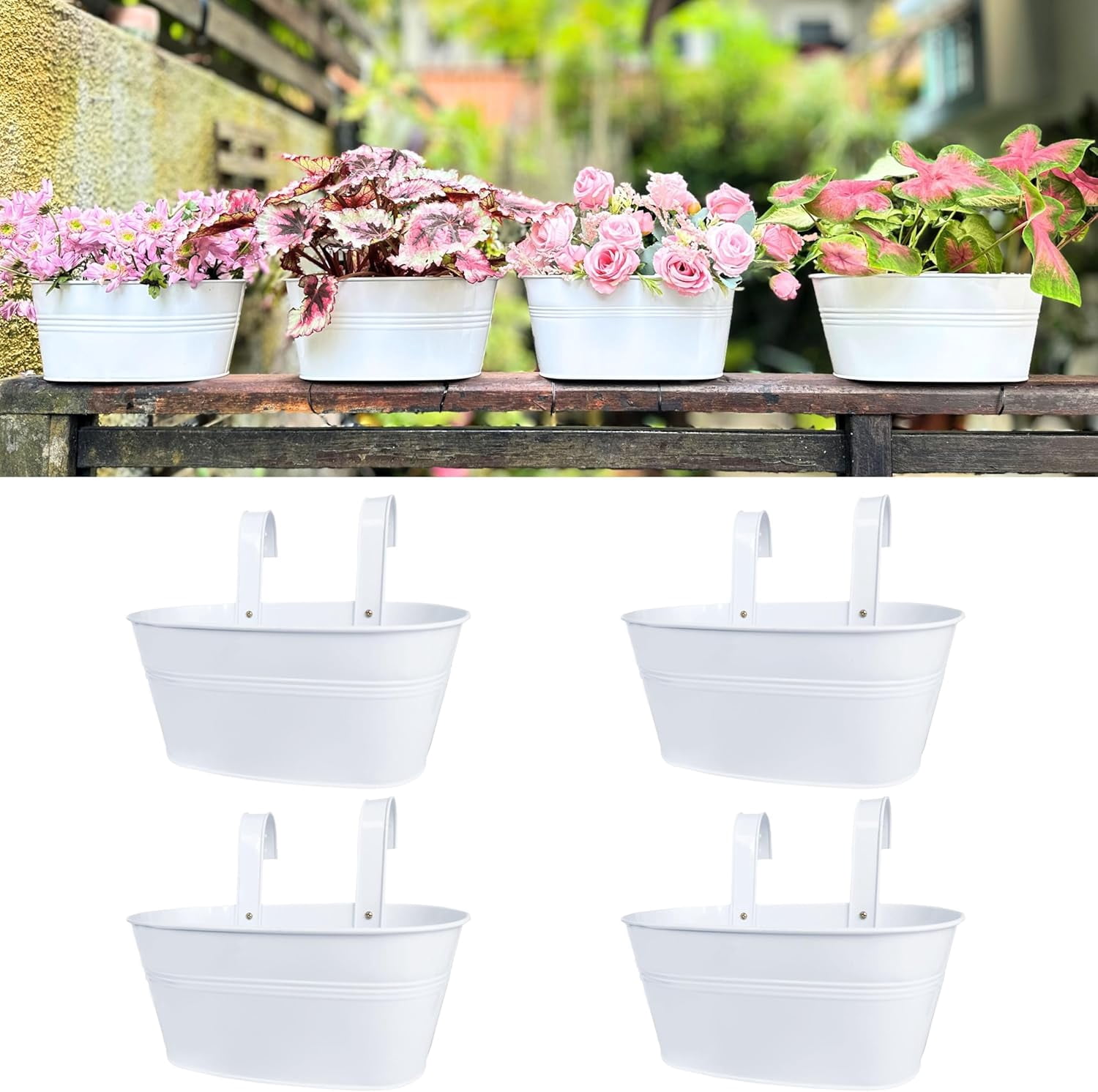 Rail Planters for Outdoor 2 Pack 11 Inch White Metal Hanging Flower Pots Deck Railing Fence Window Box Plant Holders with Hooks Porch Decor