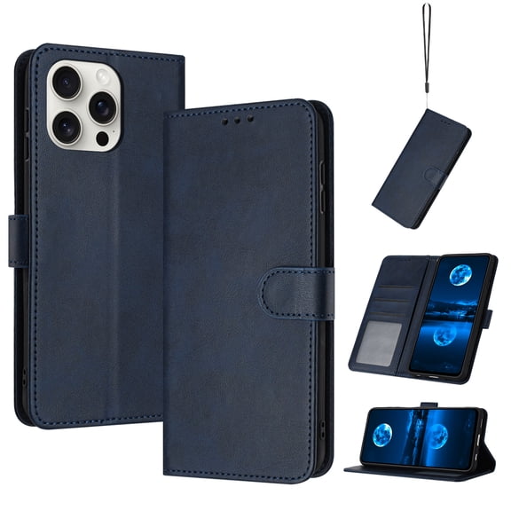 Compatible with iPhone 14 Pro Max Wallet Case for Women, Premium PU Leather Flip Cover with Card Holder, Kickstand Feature Protective Purse Case for i14 Pro Max with Wrist Strap,Darkblue
