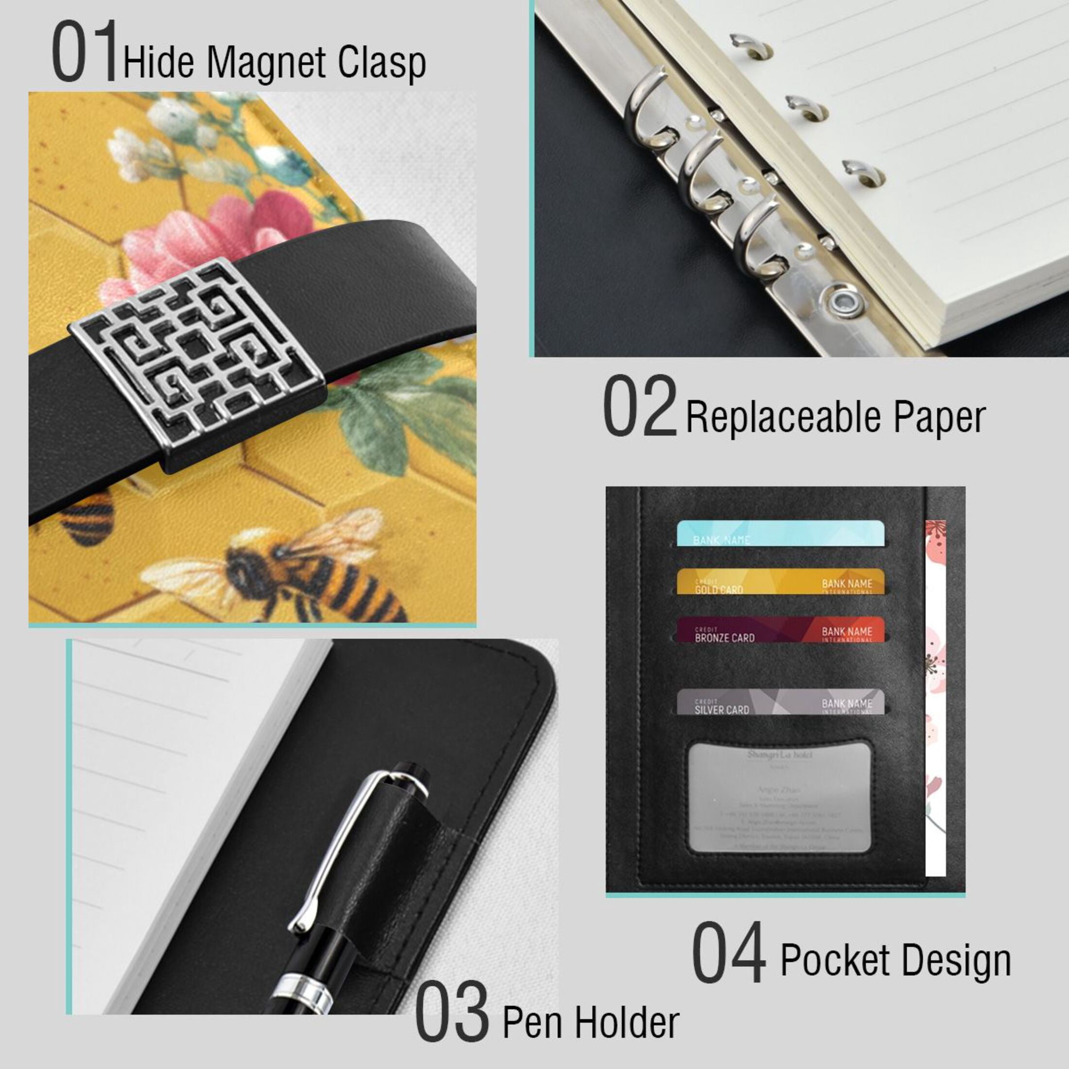 Leather Planner Leather Notebook Notebook Journal Binder Design Pen Pocket Design Convenient for Storage Honeycomb Bee Watercolor Floral