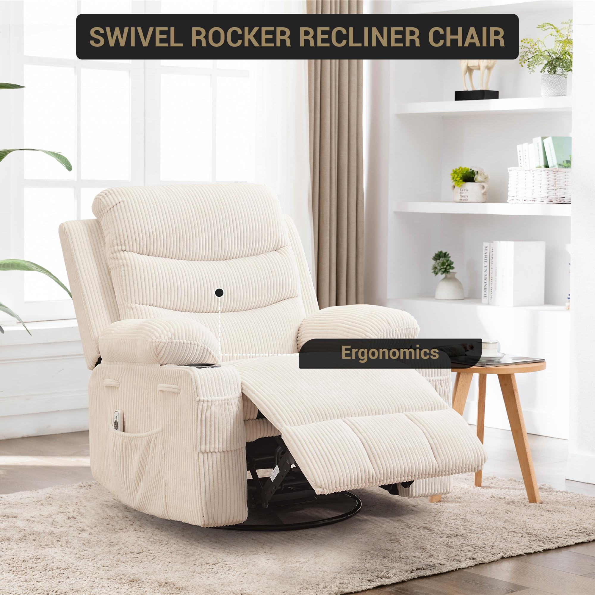 Recliner Chair Nursery, Oversized Manual Reclining Rocking Chair, 360 Swivel Glider with Cup Holder, Massage and Heat Recliner, Indoor Small Single Sofa Chairs for Adults RV Bedroom, Beige/Grey/Brown