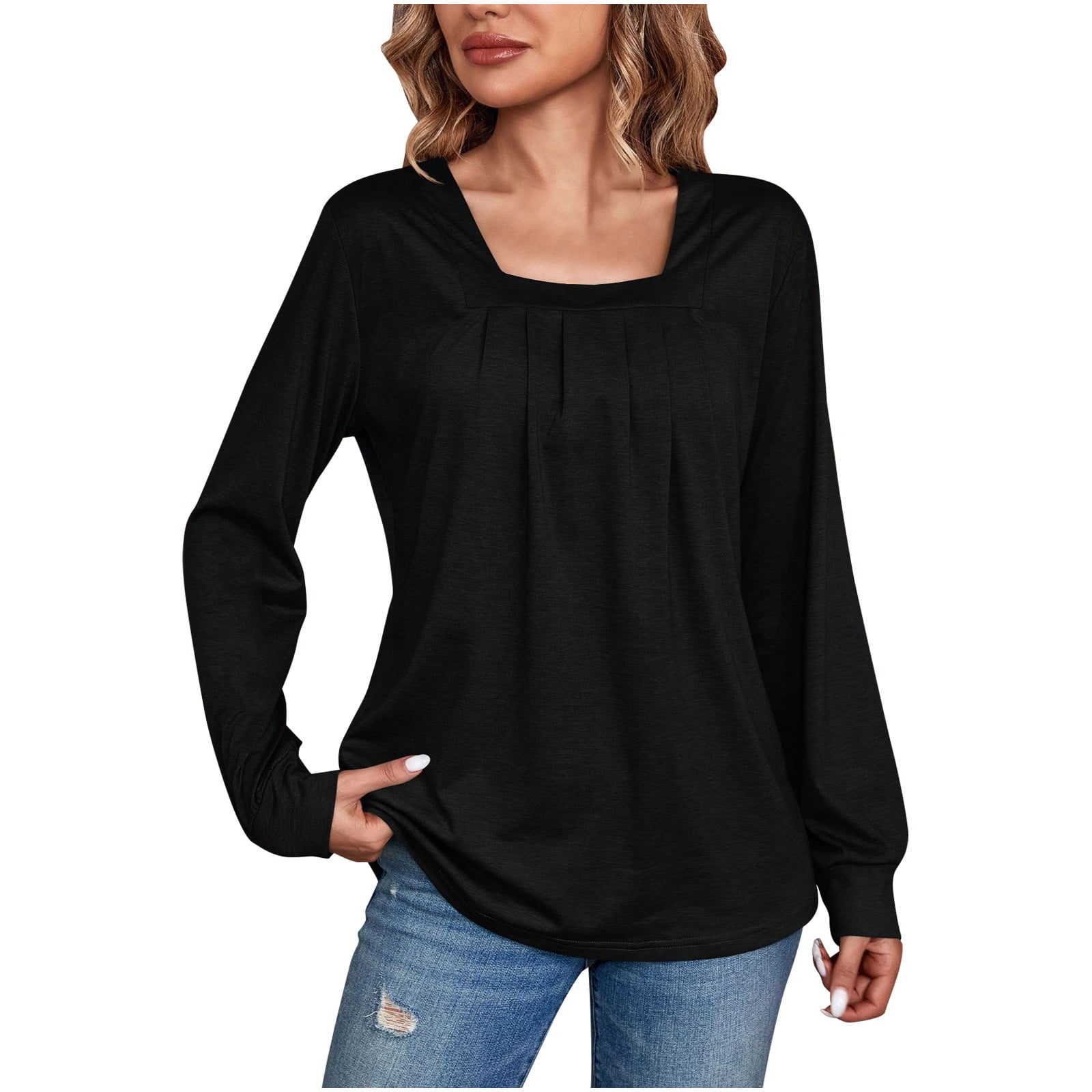 【INEGI】In Square Neck Long Sleeve Tee XZNGL Womens Long Sleeve Tops Womens Fashion Solid Color
