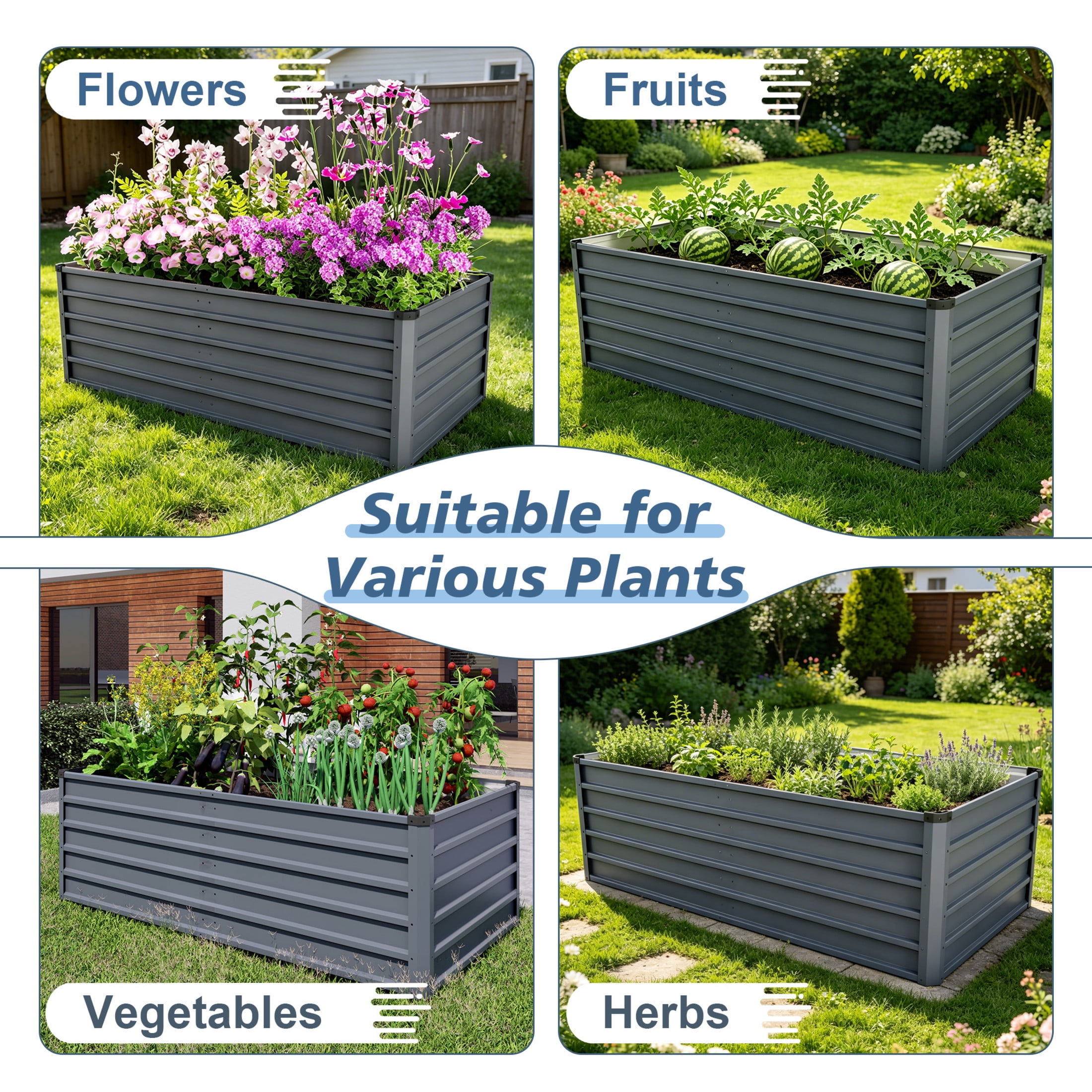 Noble House 6 x 3 x 2 FT Rectangular Raised Garden Bed, 269 Gallon Metal Planter Box, Gray