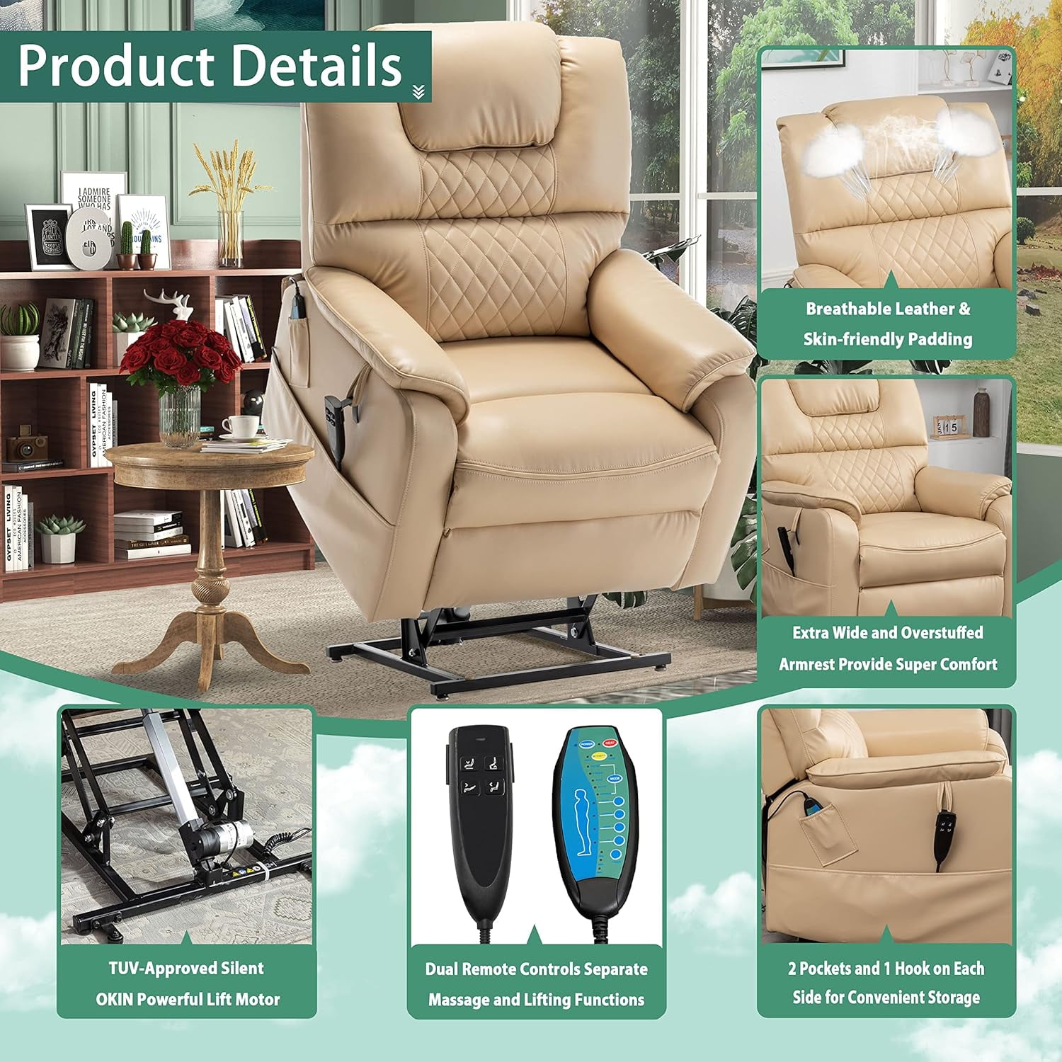 Dual Power Lift Recliner Chair for Elderly with Heat and Massage