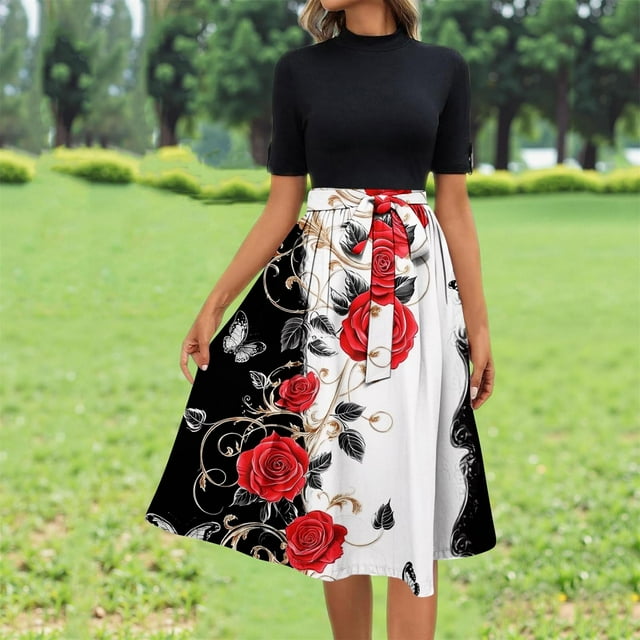 Weiqiqre Robes d'Été Grande Taille Fluides à Manches Courtes Taille Empire Col Rond Midi Mode Robes Soleil Ceinturées pour Femmes