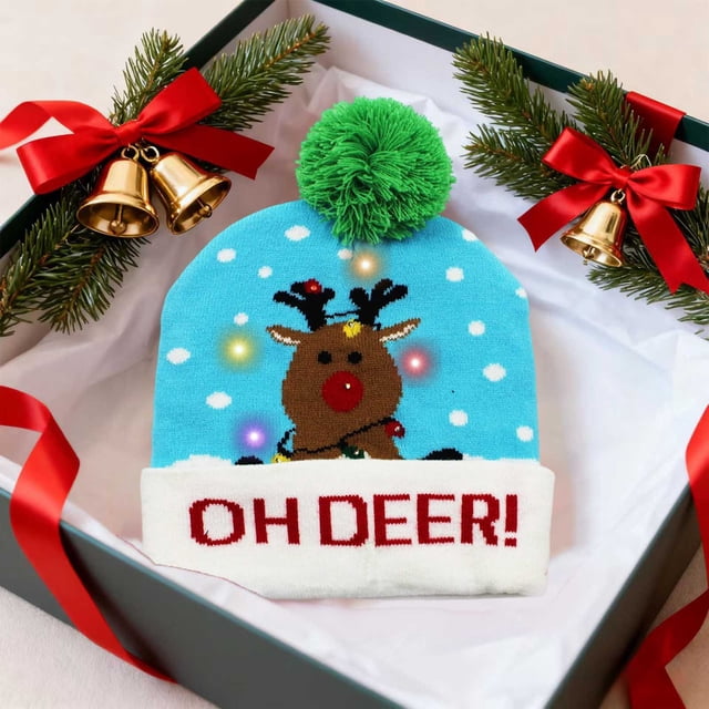 EGNMCR Christmas Decorations, Winter Fashion LED Christmas Hat Santa Claus Hairball Hat Pattern Knitted Hat Warm Ear Protection Woolen Hat Essentiales For Christmas Decorations Acrylic holiday hat