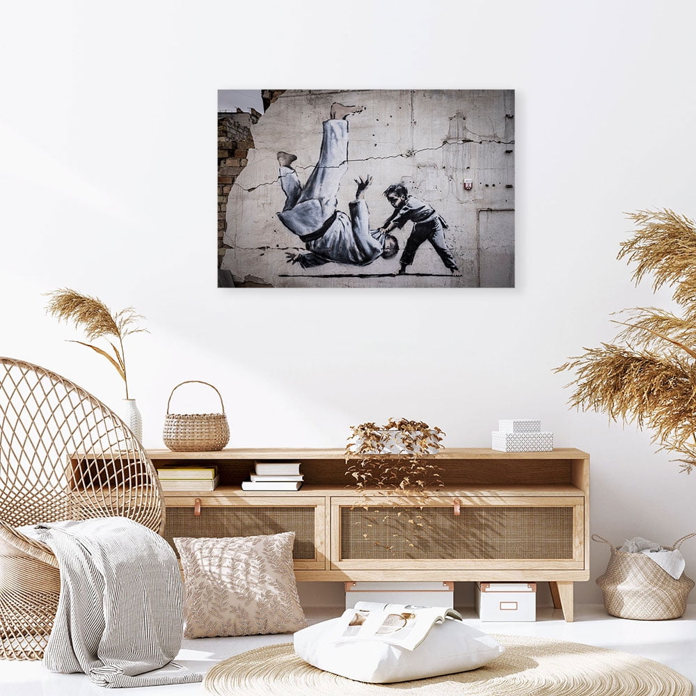 Banksy Judoka 3D Canvas, Handmade Gift, Painting Poster, Judoka Graffiti Wall Hanging, Banksy Boy Art Canvas, 8D Canvas, Decor Canvas(40" W x 30" H，Framed)
