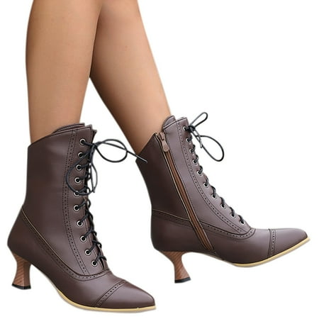 Mid-Calf Boots with Flat Heels Women Mid Boots High Heeled Wood Grain Heel Side Zipper Boots