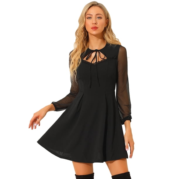 Minivestido gótico Allegra K de malla con volantes y cuello anudado Negro M