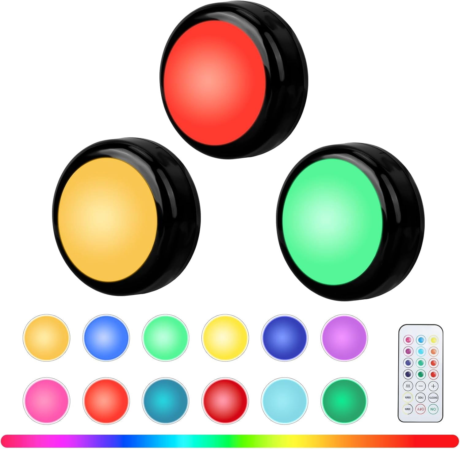 RGHJAR-RGBW Color Changing Puck Lights with Wireless Remote - 16 Colors Dimmable Under Cabinet, Battery Powered LED Push Puck Lights with Timer & Memory Function, Black (3 Pack)
