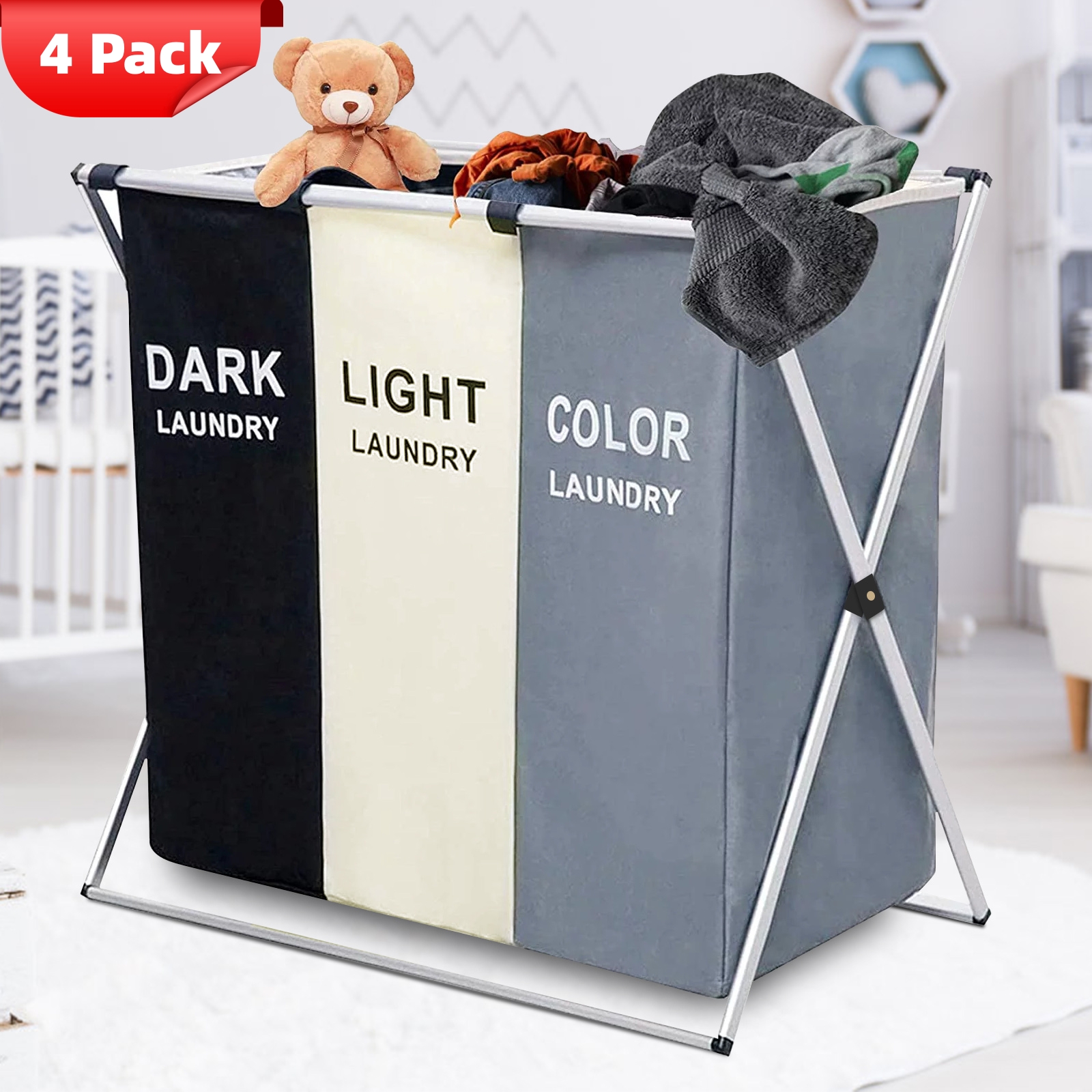 4 Pack Laundry Hamper Sorters, 3 Compartment Sorting Laundry Hamper, Foldable Waterproof Oxford