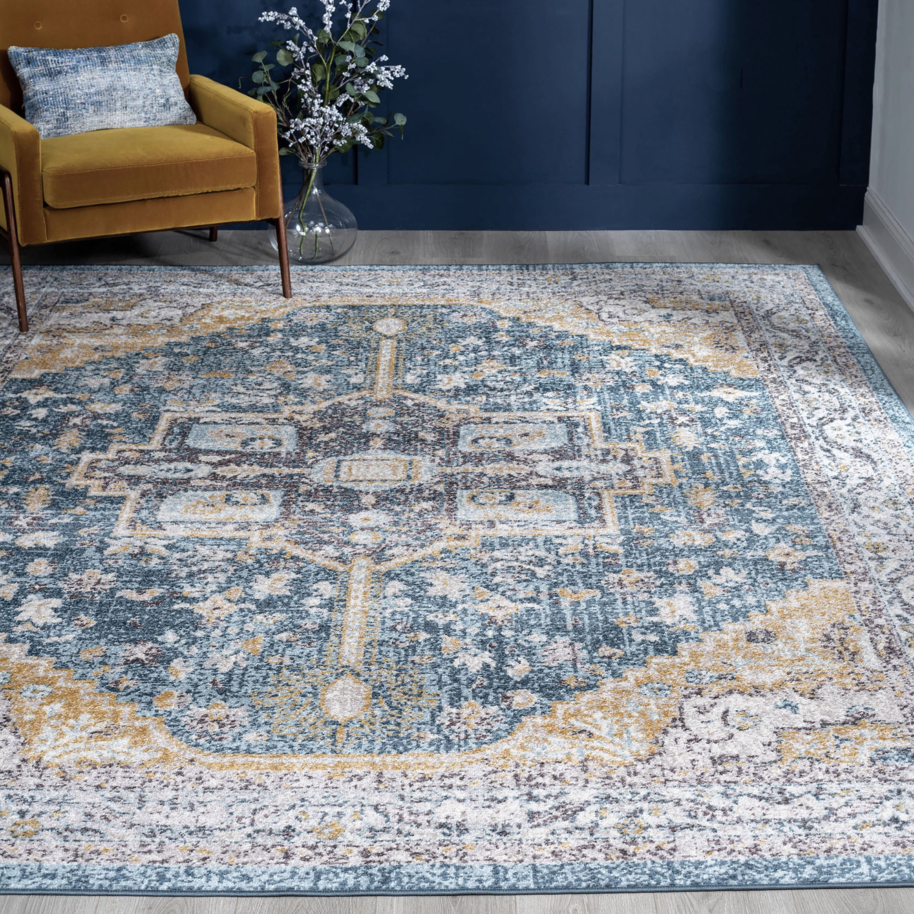 Bliss Rugs Medallion Traditional Indoor Runner Rug for Hallway Dark Blue ,2' x 8'