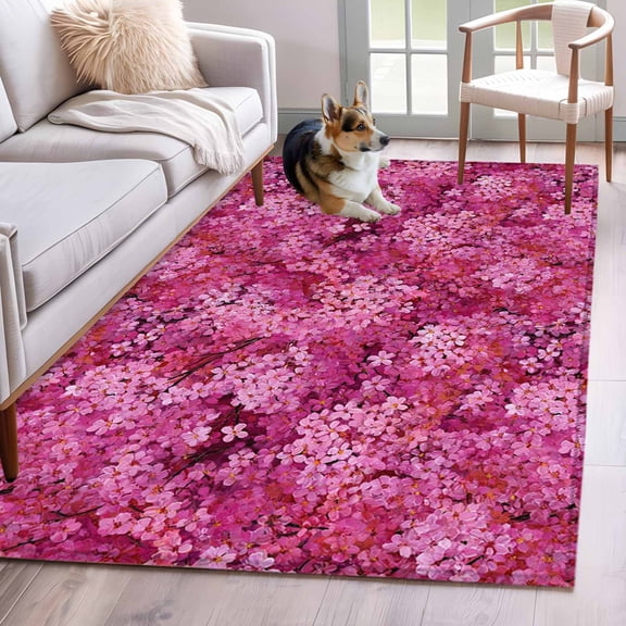 3'x5' Rug for Living Room Bedroom, Pink Cherry Blossom Washable Area Rugs Non-Slip Carpet Mats, Spring Flowers Modern Abstract Art Indoor Low Pile Area Rug Runner for Kitchen, Mudroom