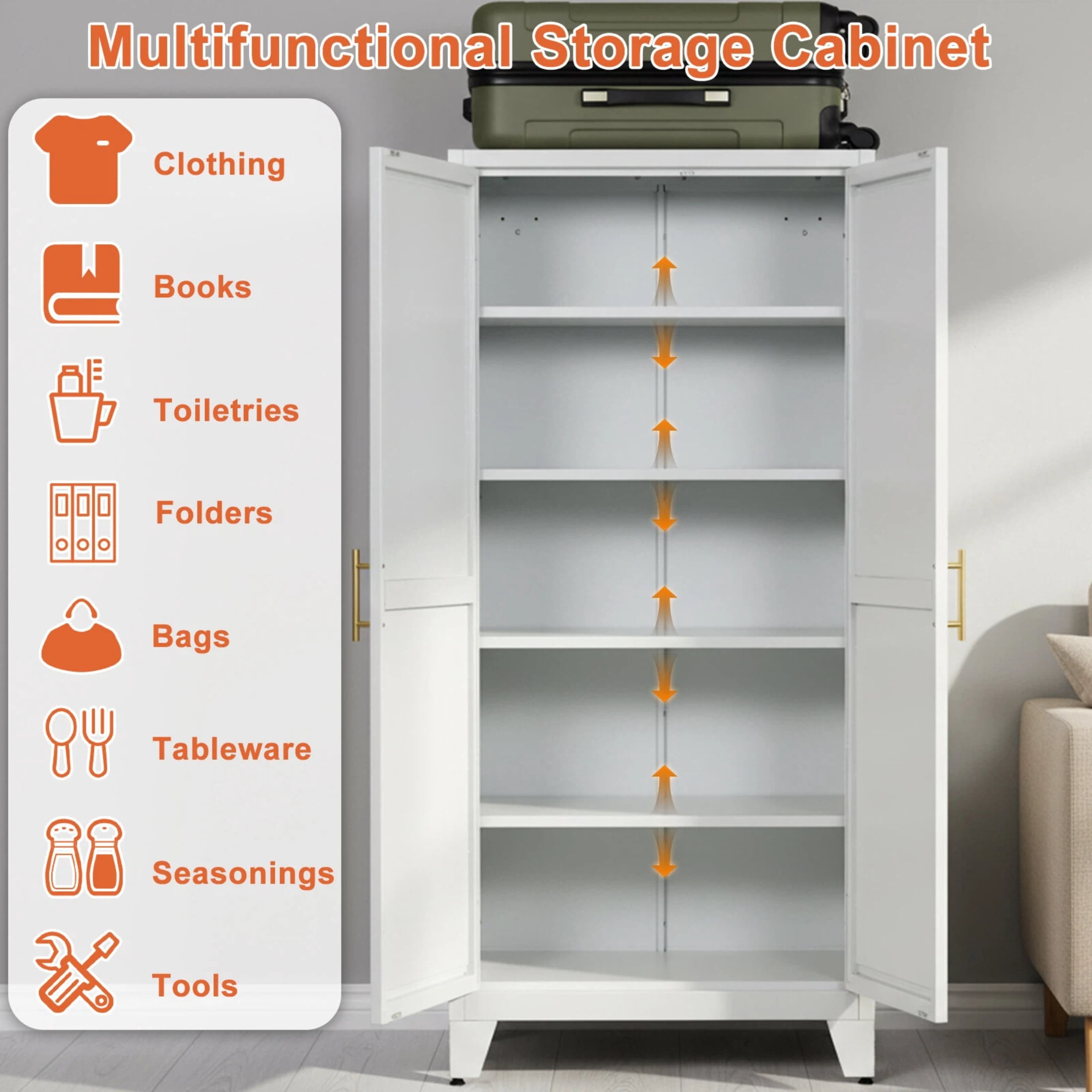 AISWORD 71" Tall Metal Storage Cabinet with Adjustable Shelves, 2 Doors Steel Cabinet for Office, Garage, Utility Room, Kitchen Storage, White