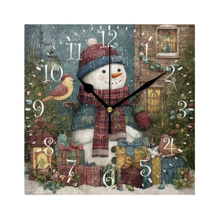 7.78in Square Artistic Wall Clock Dual-Purpose Tabletop & Hanging Decor Silent Non-Ticking Clocks for Home Office Snowman and Gift Box
