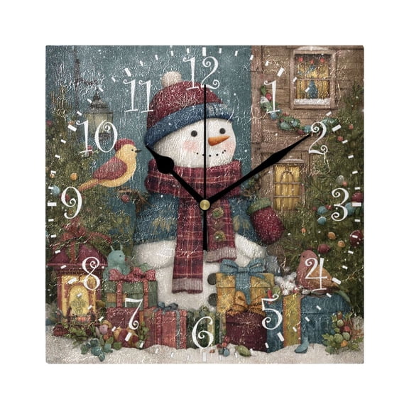 7.78in Square Artistic Wall Clock Dual-Purpose Tabletop & Hanging Decor Silent Non-Ticking Clocks for Home Office Snowman and Gift Box