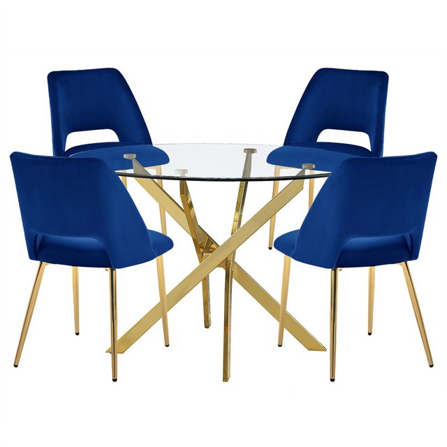 Ensemble de Repas en Verre Transparent Rond 45 x 45 Po avec Chaises Bleu Marine