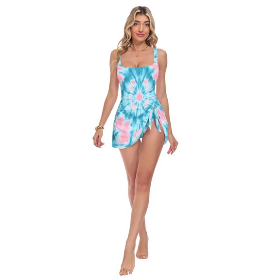 Womens Blue and Pink Tie Dye Pattern Print 2-in-1 Swim Dress Detachable Skirt One-Piece Swimsuit Square Neck S-XXL