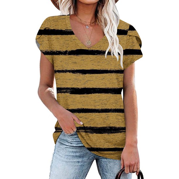 ICHUANYI Clearance Fashion Women's Summer V-Neck Short Sleeve Print Casual T-shirt Blouse(Gold, XXL) ICHUANYI WER2023081009557