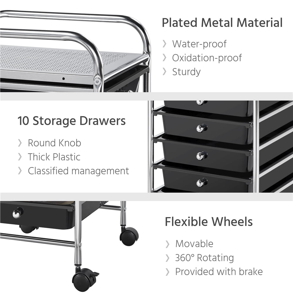 Alden Design 10 Drawer Rolling Storage Cart Organizer with Lockable Wheels, Black
