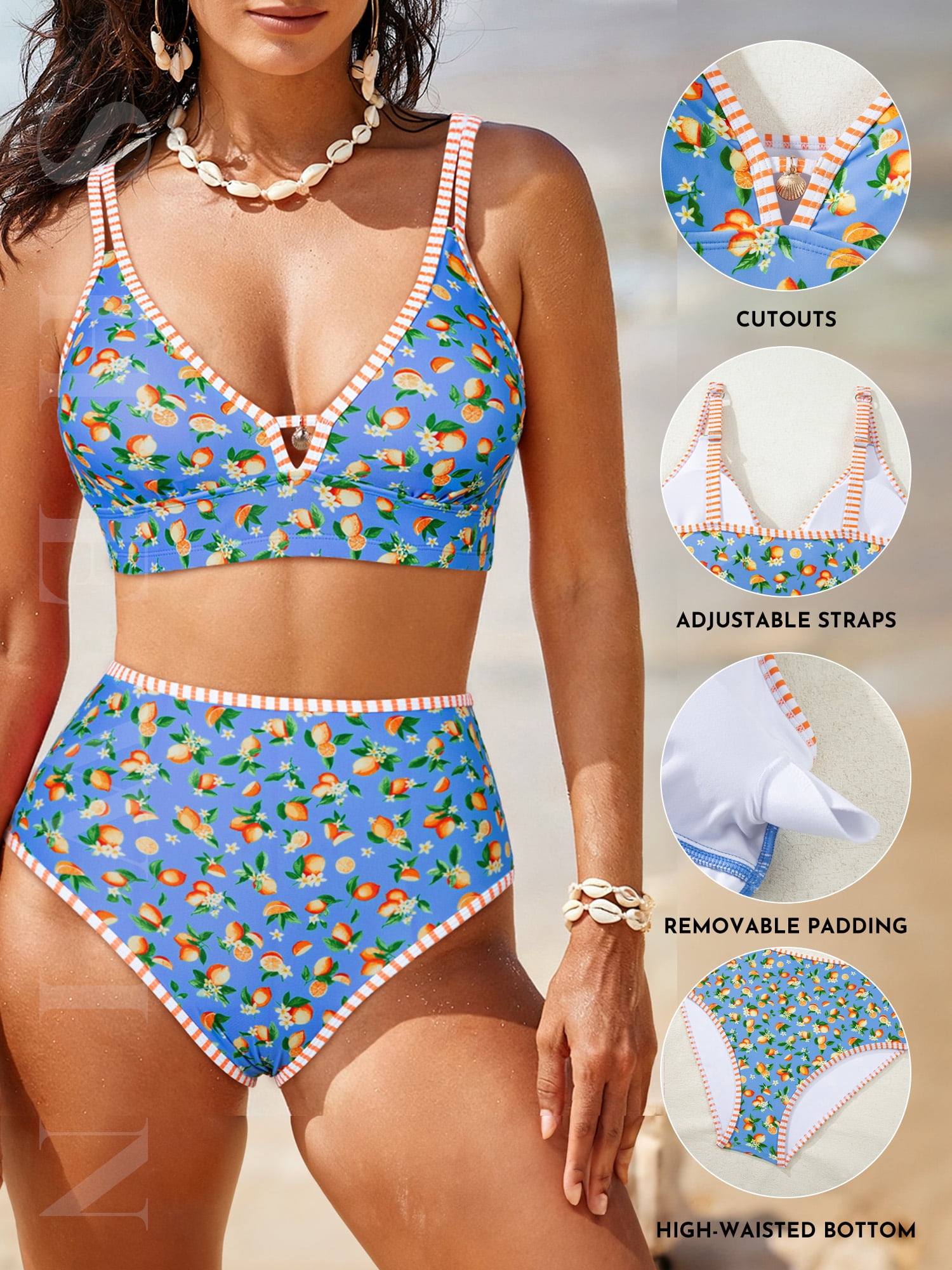 SHEWIN Womens Swimsuits Sets Bikinis Sets 2 Piece Tummy Control Bathing Suits High Waisted Swimwear Floral Swimming Suits Push Up Beach Vacation Outfits Blue Lemon Blossom XL