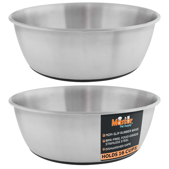 Master Pet Supply Stainless Steel Dog Bowls Set of 2 (128 Oz Each) with Non-Slip Rubber Base - Stainless Steel - Basic Dog Food Bowl Water & Food Bowls for Small Medium Large Dogs & Cats, Metal Dish